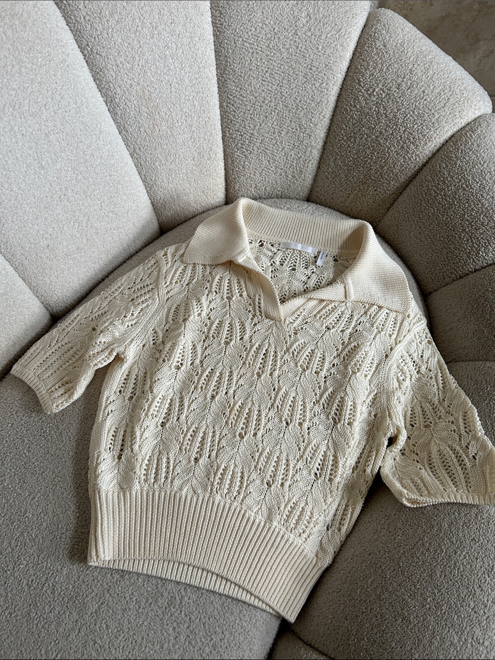Helmut Lang Cream Open-Knit V-Neck Polo Sweater